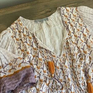 Daniel Rainn Womens 1X Floral V-Neck Tassel‎ Short Sleeve Blouse Boho Peasant